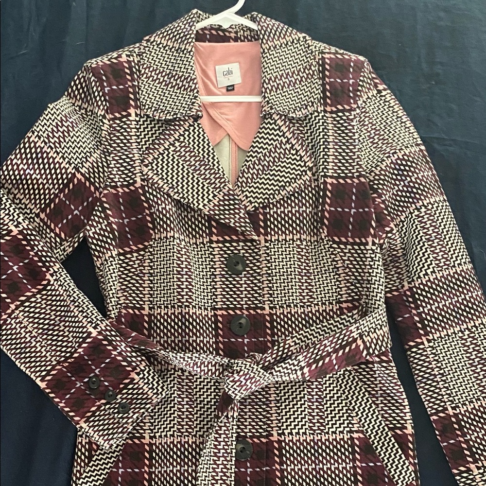 Cabi Sovereign plaid tie waist trench coat